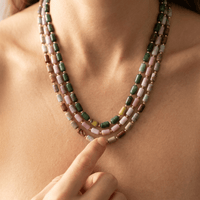 Multi Gemstone Barrel Beads Gold Layered Necklace