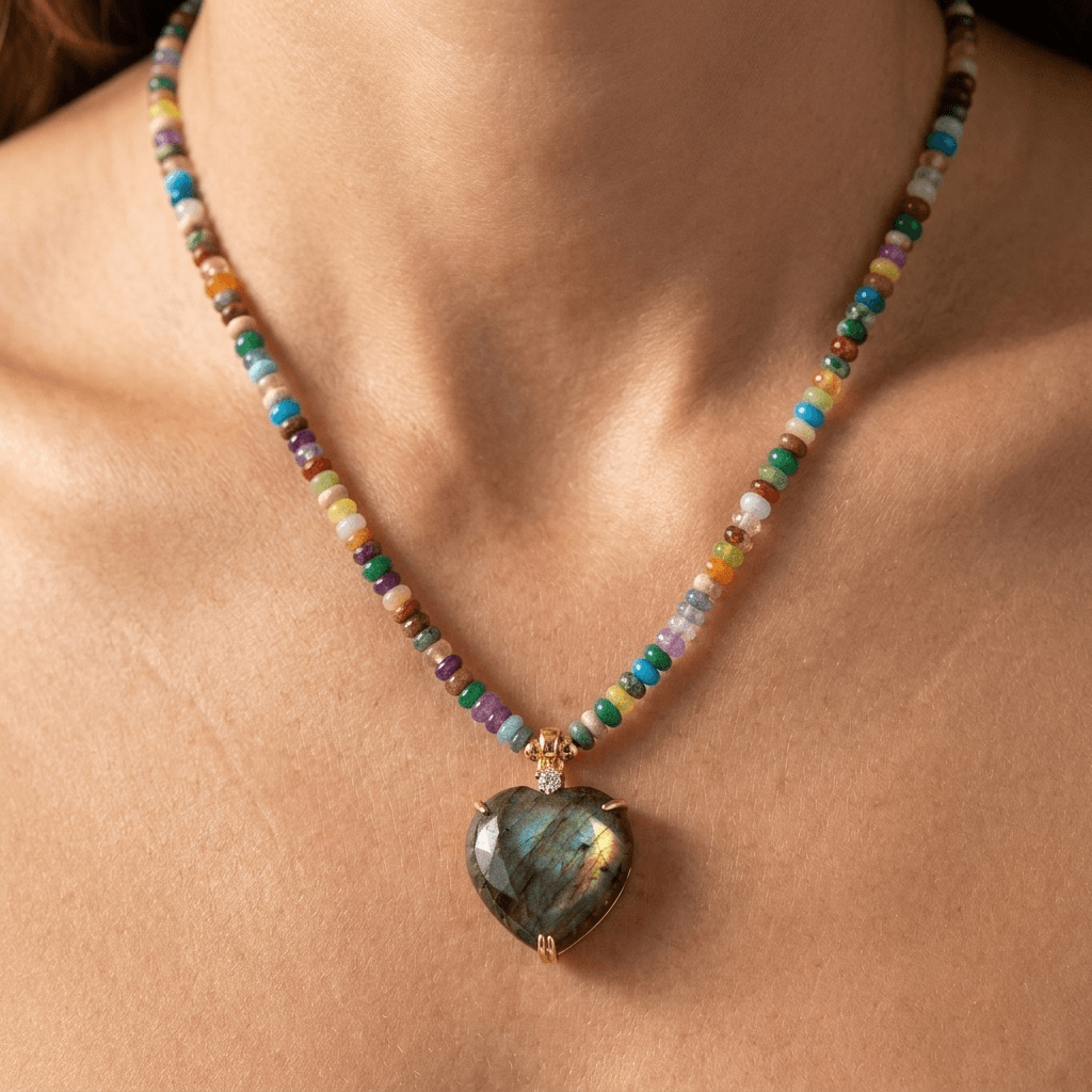 Labradorite Heart Multicolor Beaded Necklace