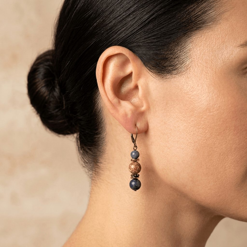 Natural Sodalite Jasper Bronze Drop Earrings