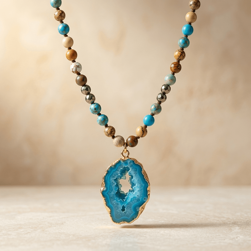 Blue Agate Gold Druzy Pendant Necklace