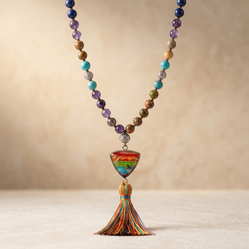 Chakra Gemstone Silver Rainbow Tassel Necklace