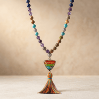 Chakra Gemstone Silver Rainbow Tassel Necklace