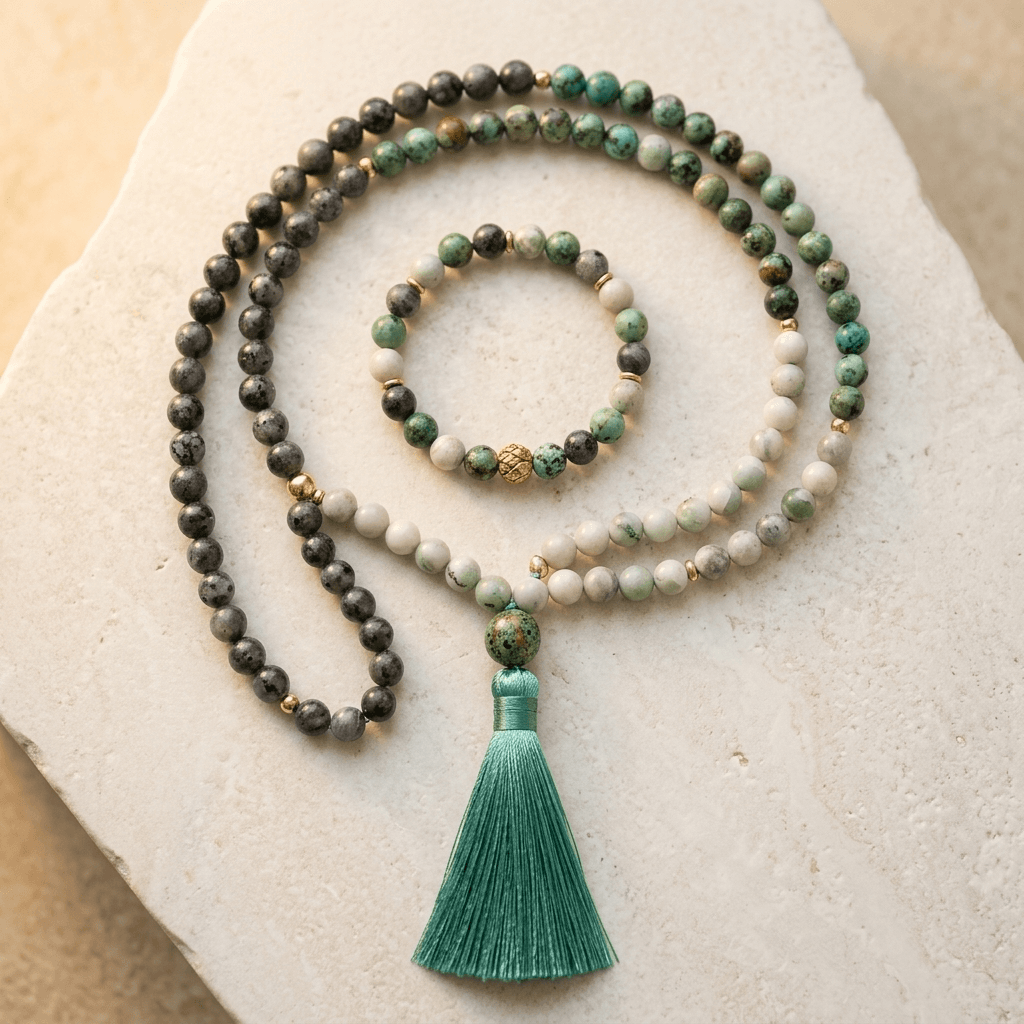 Boho Turquoise Labradorite Tassel Mala Necklace