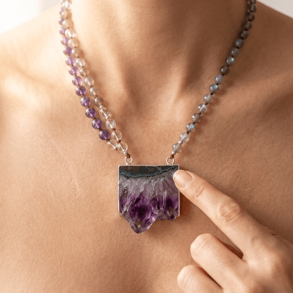 Natural Amethyst Druzy Stone Pendant Necklace
