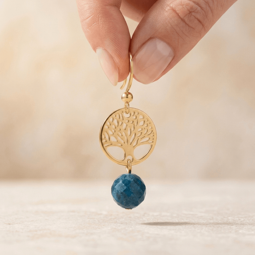 Gold Tree Of Life Blue Apatite Drop Earrings