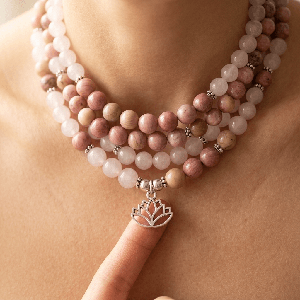 Rhodonite Rose Quartz Lotus Pendant Necklace