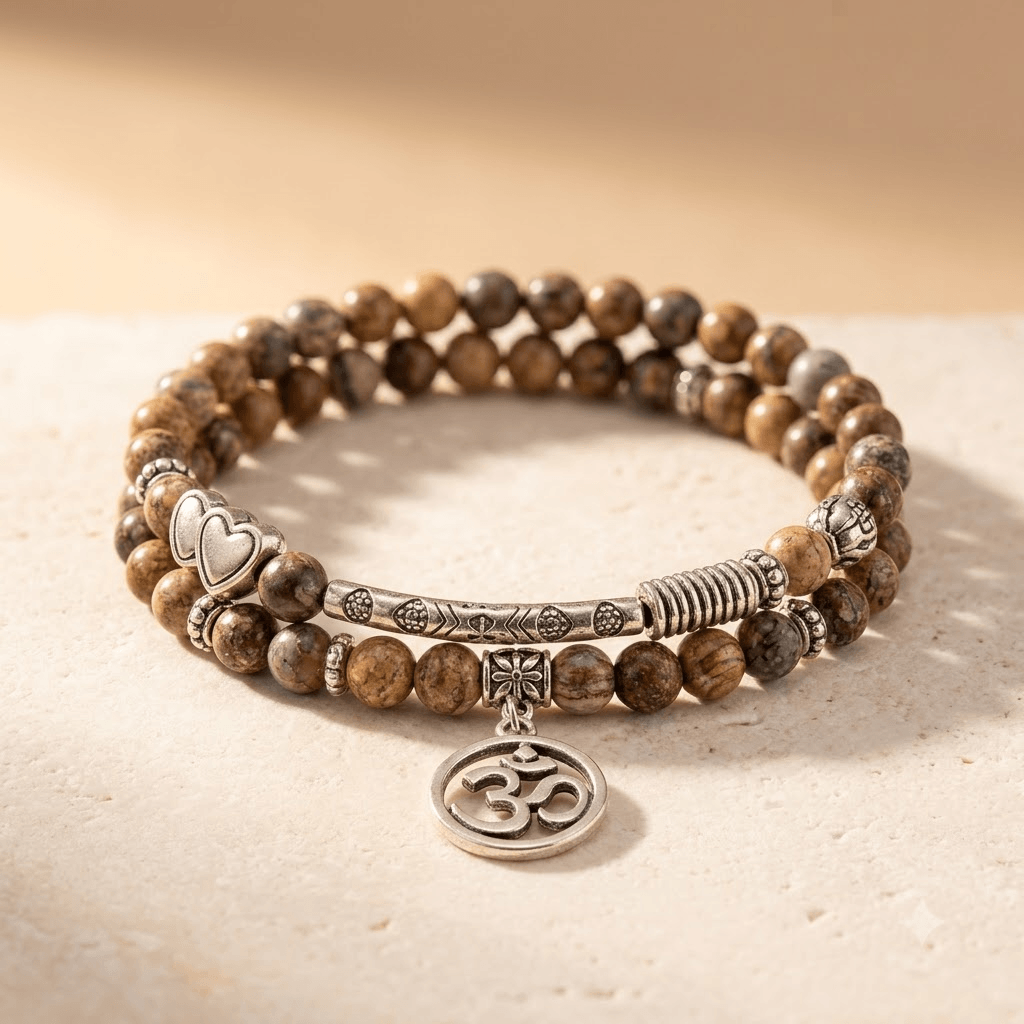 Natural Mookaite Om Charm Beaded Bracelet
