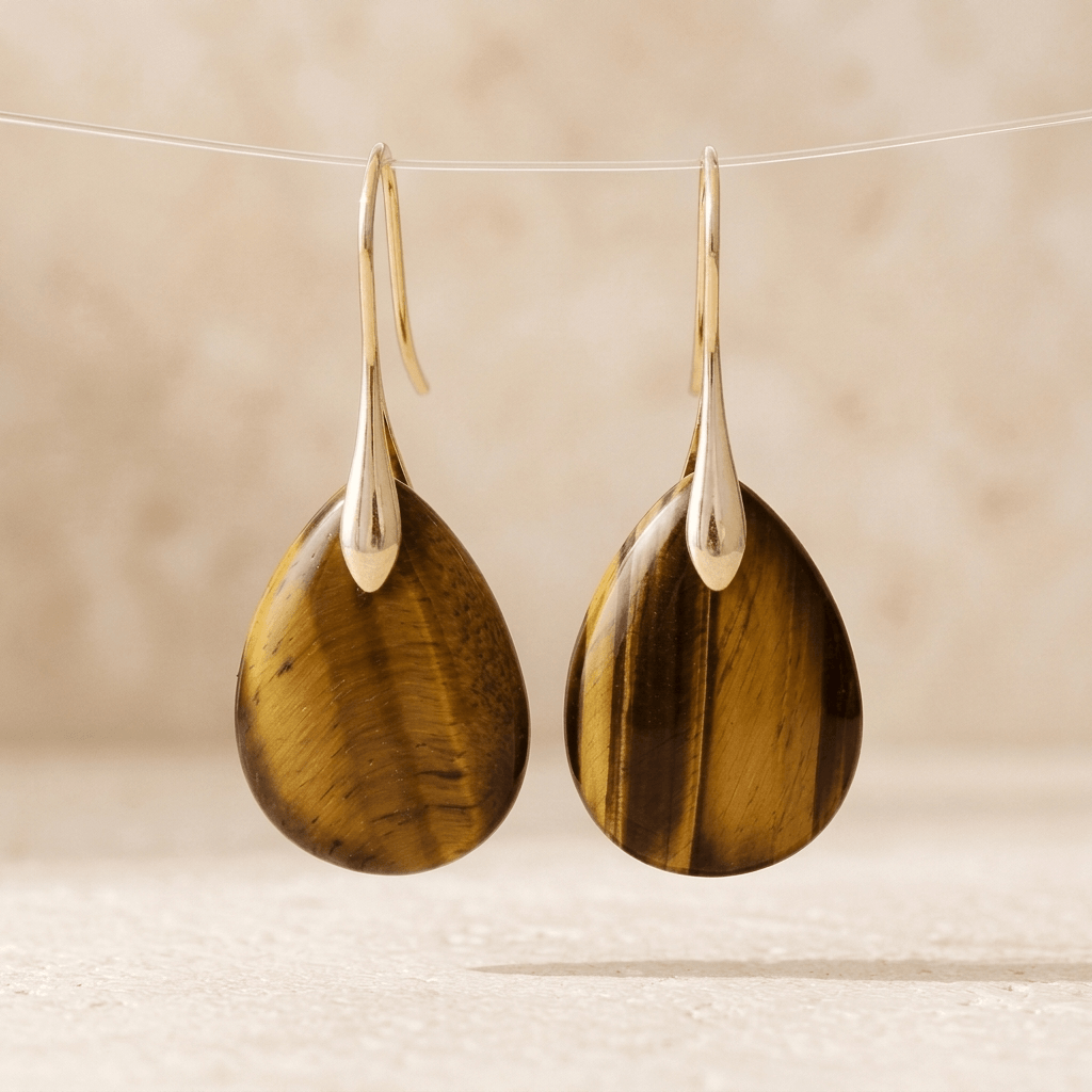 Natural Tiger Eye Gold Teardrop Earrings