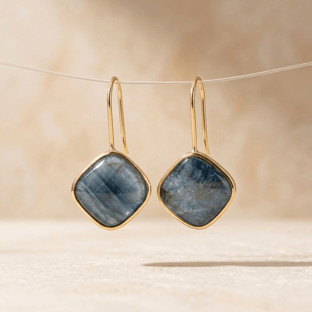 Blue Apatite Gold Cushion Drop Earrings