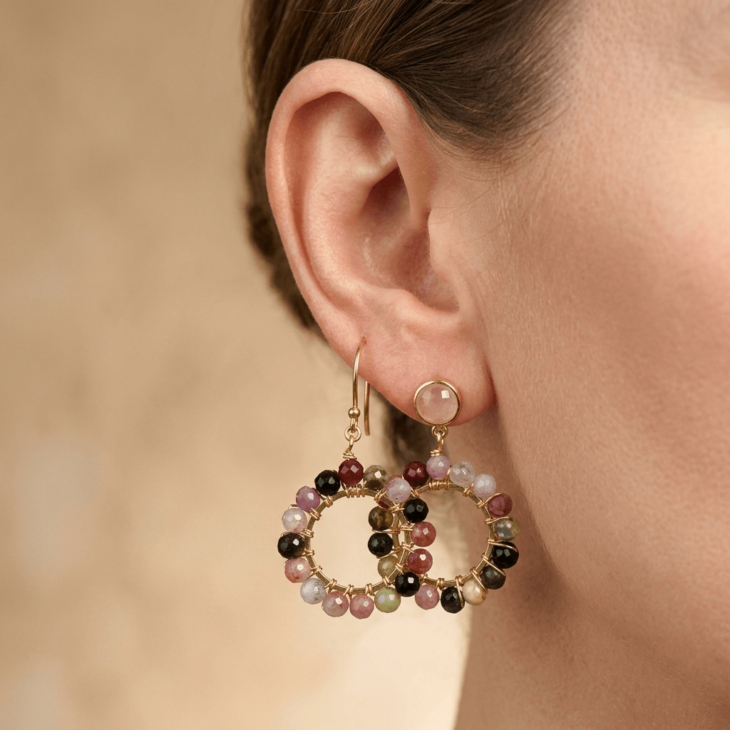Multicolor Tourmaline Gold Beaded Circle Earrings