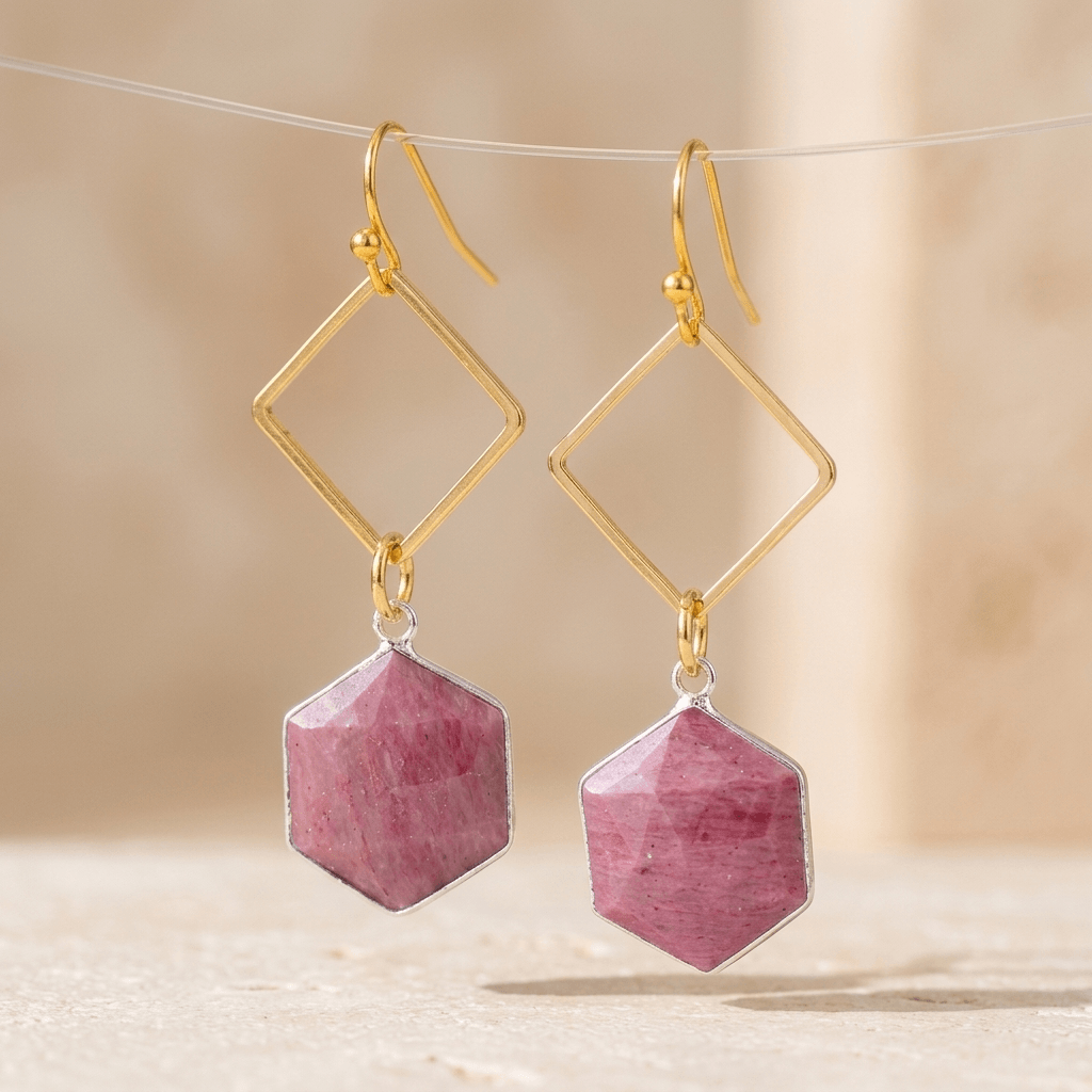 Pink Rhodonite Gold Diamond Drop Earrings
