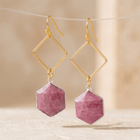 Pink Rhodonite Gold Diamond Drop Earrings