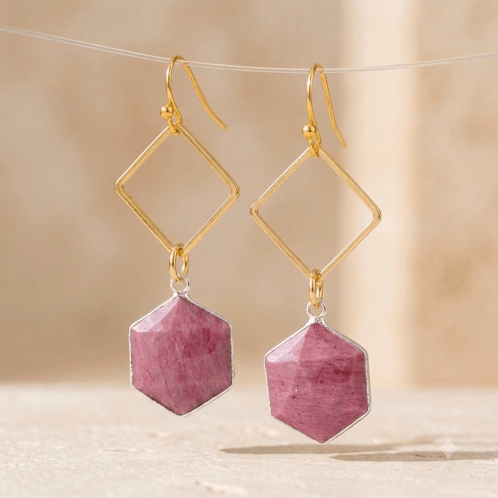 Pink Rhodonite Gold Diamond Drop Earrings