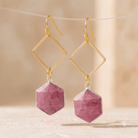 Pink Rhodonite Gold Diamond Drop Earrings