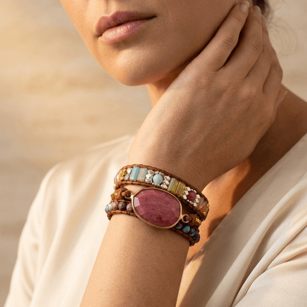 Boho Leather Wrap Bracelet Pink Stone