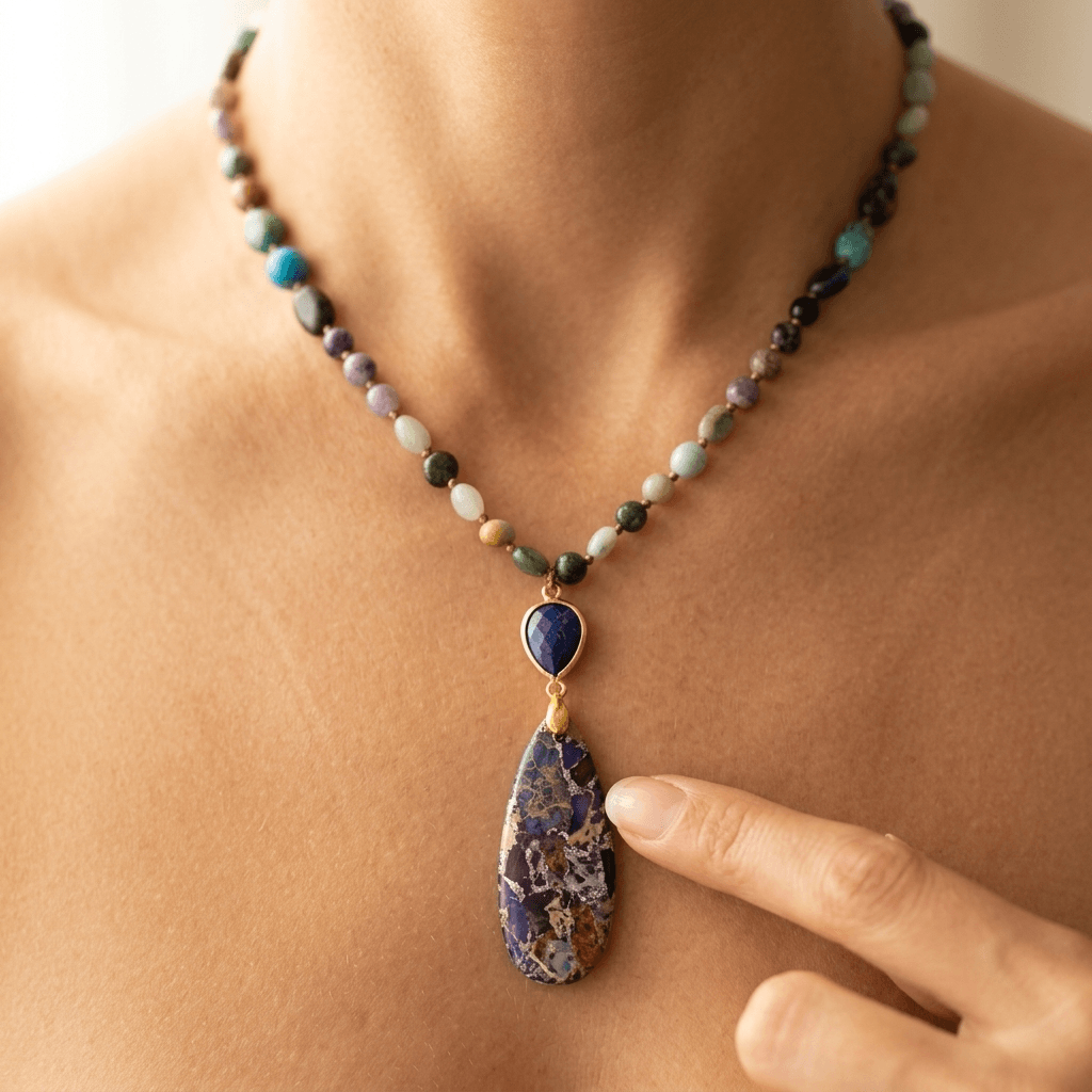 Multistone Gold Beaded Teardrop Pendant Necklace