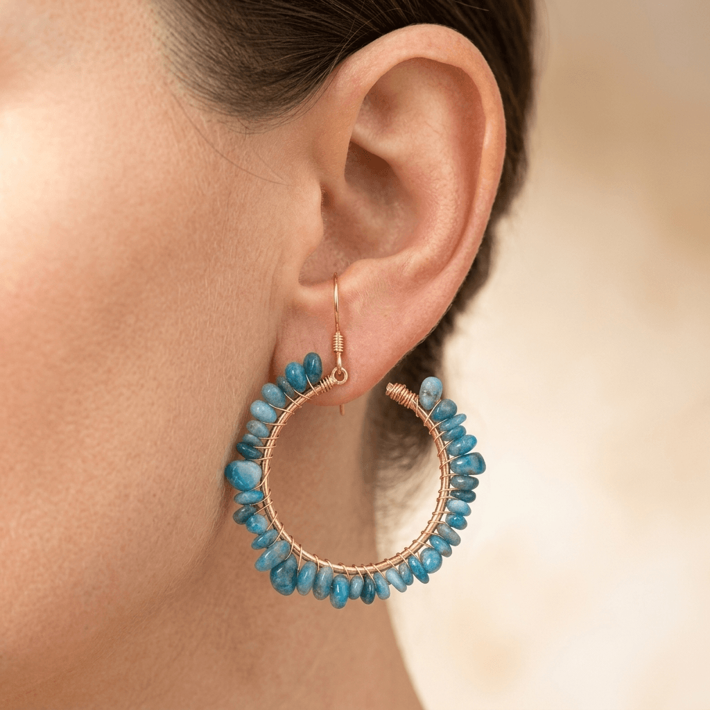 Blue Apatite Gold Wire Hoop Earrings