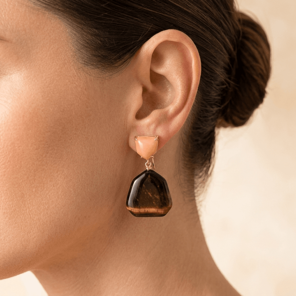 Tiger Eye Peach Stone Gold Drop Earrings
