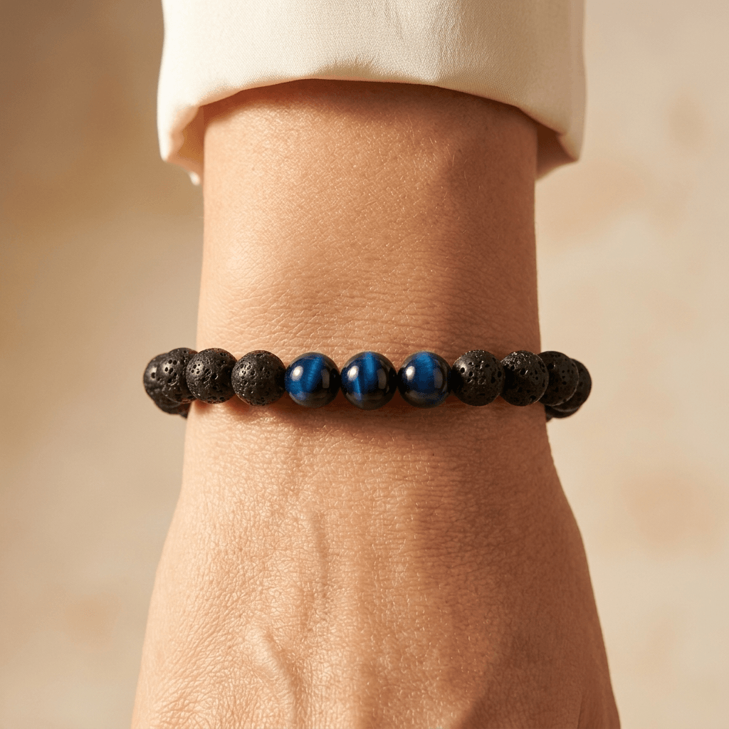 Black Lava Stone Blue Tiger Eye Beads Bracelet