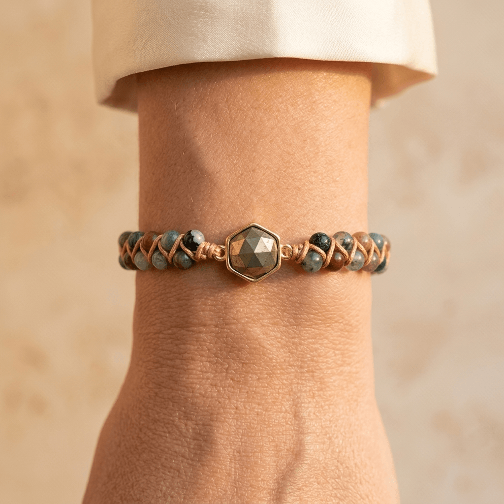 Natural Agate Pyrite Gold Hexagon Beaded Bracelet