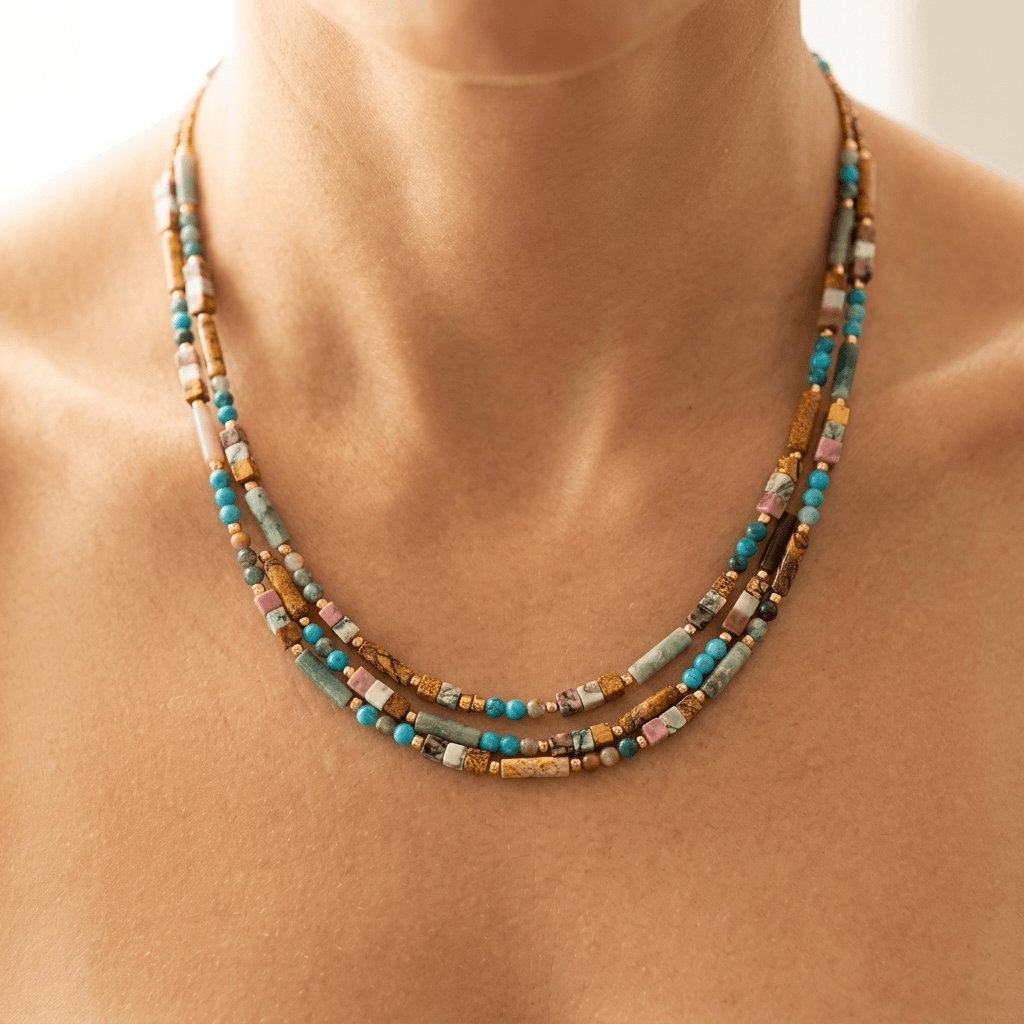 Mixed Gemstone Beaded Gold Layered Necklace