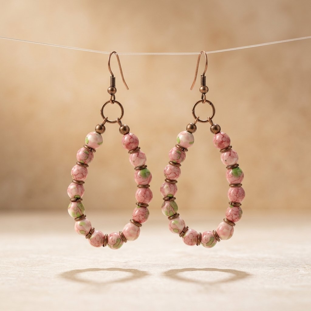 Boho Copper Pink Floral Beaded Dangle Earrings