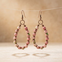 Boho Copper Pink Floral Beaded Dangle Earrings