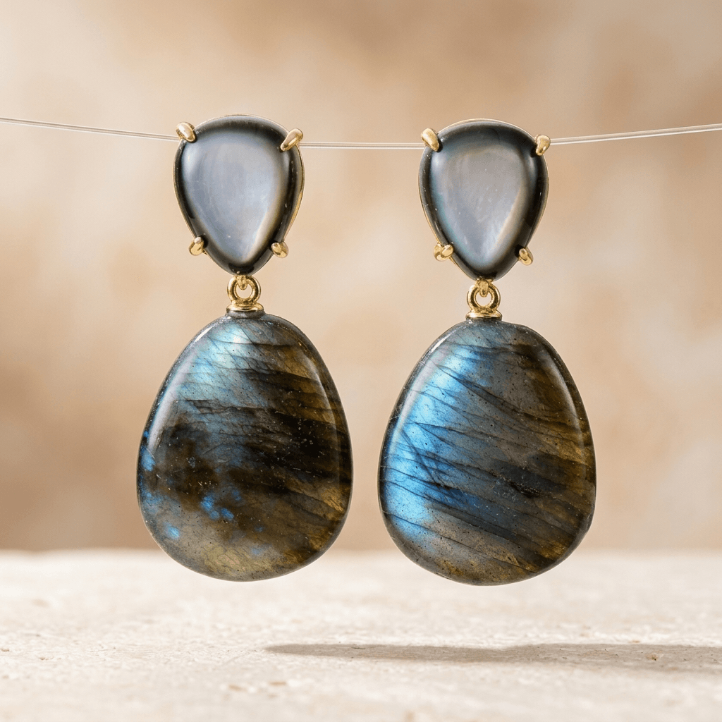 Natural Labradorite Gold Drop Earrings