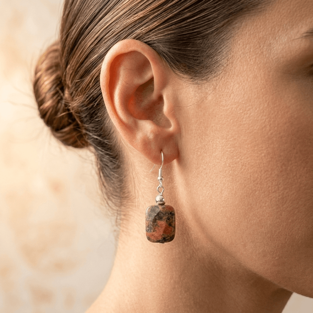 Natural Unakite Square Silver Drop Earrings