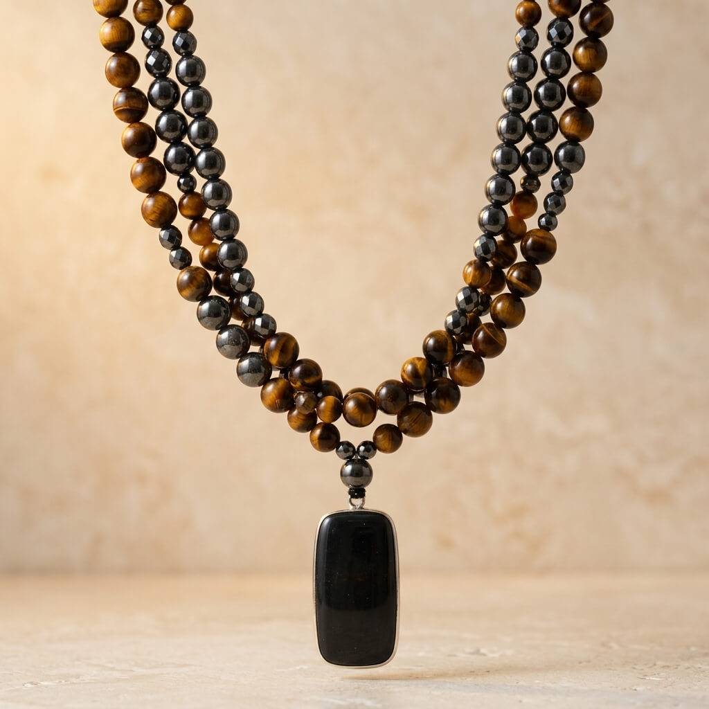 Tiger Eye Hematite Black Onyx Beaded Necklace
