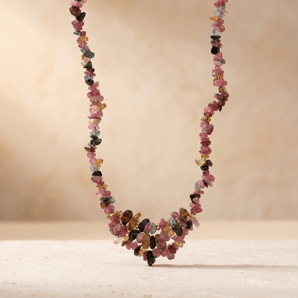 Natural Pink Tourmaline Chip Beaded Necklace