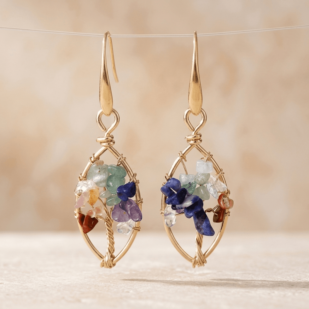Chakra Gemstone Gold Wire Earrings