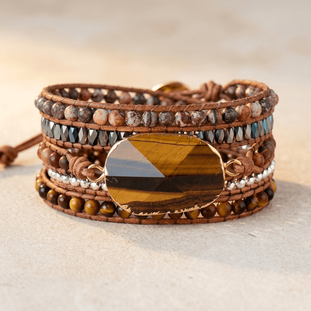 Natural Tiger Eye Jasper Beaded Wrap Bracelet