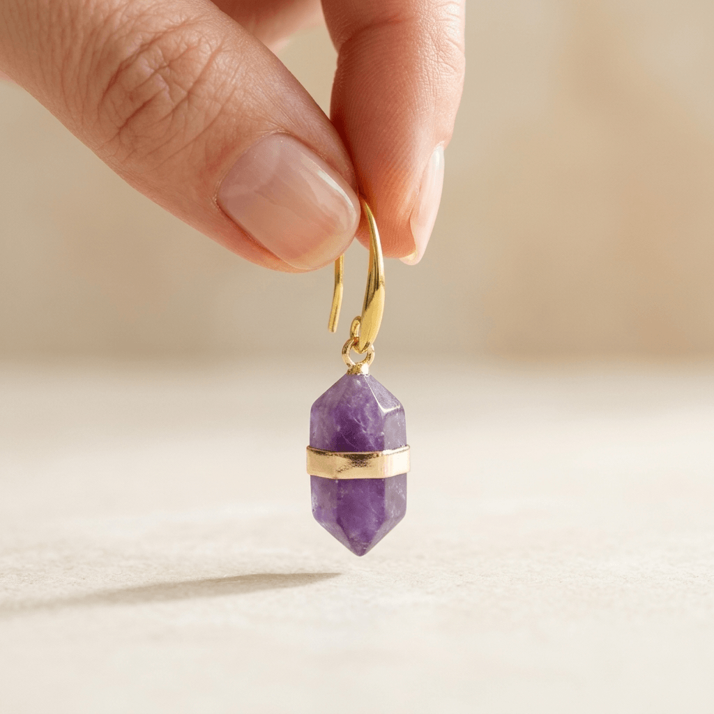 Natural Amethyst Gold Hexagonal Drop Earrings