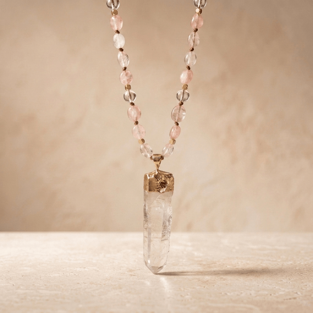 Rose Quartz Clear Quartz Gold Pendant Necklace