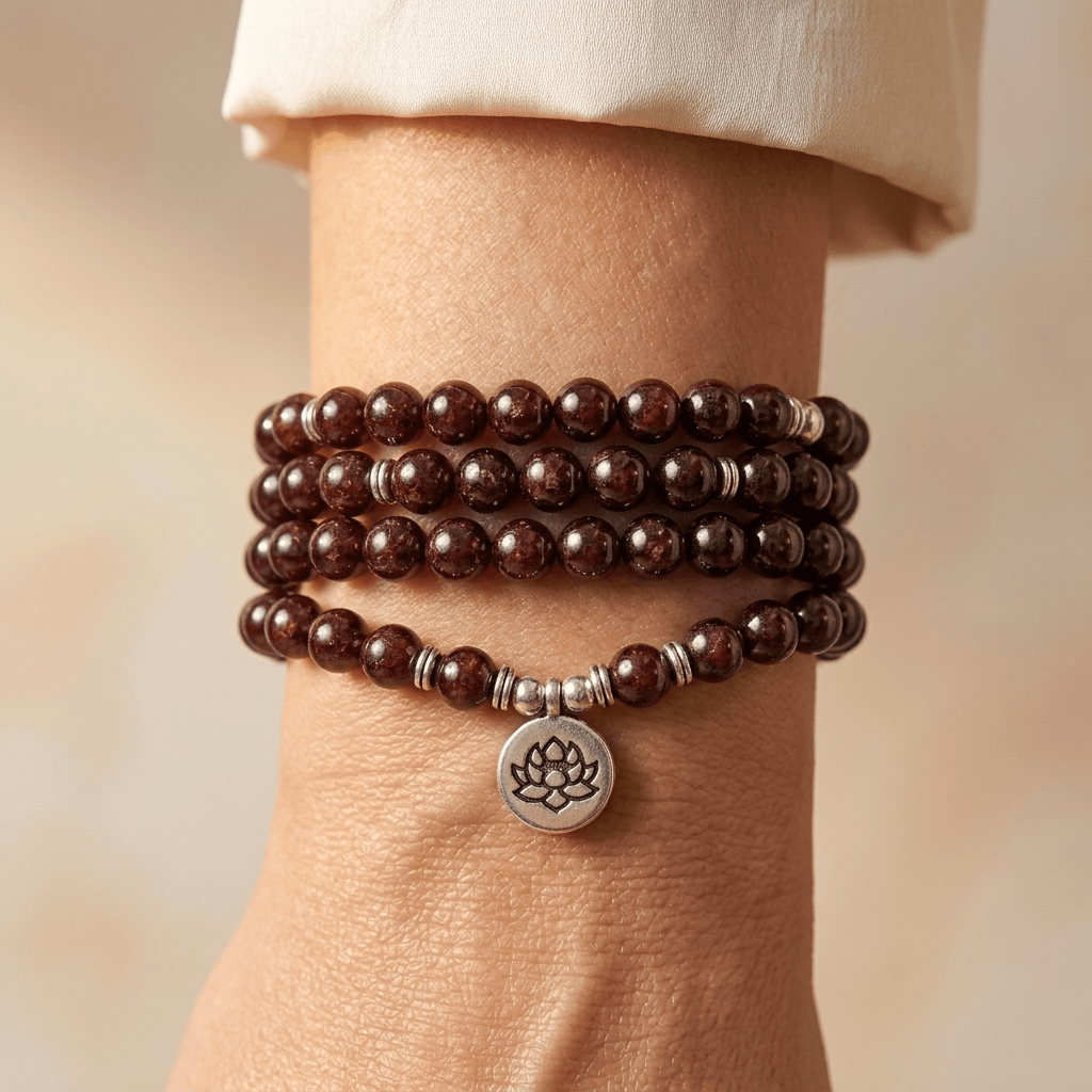 Natural Garnet Mala Beads Lotus Charm Bracelet