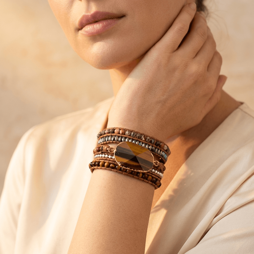 Natural Tiger Eye Jasper Beaded Wrap Bracelet