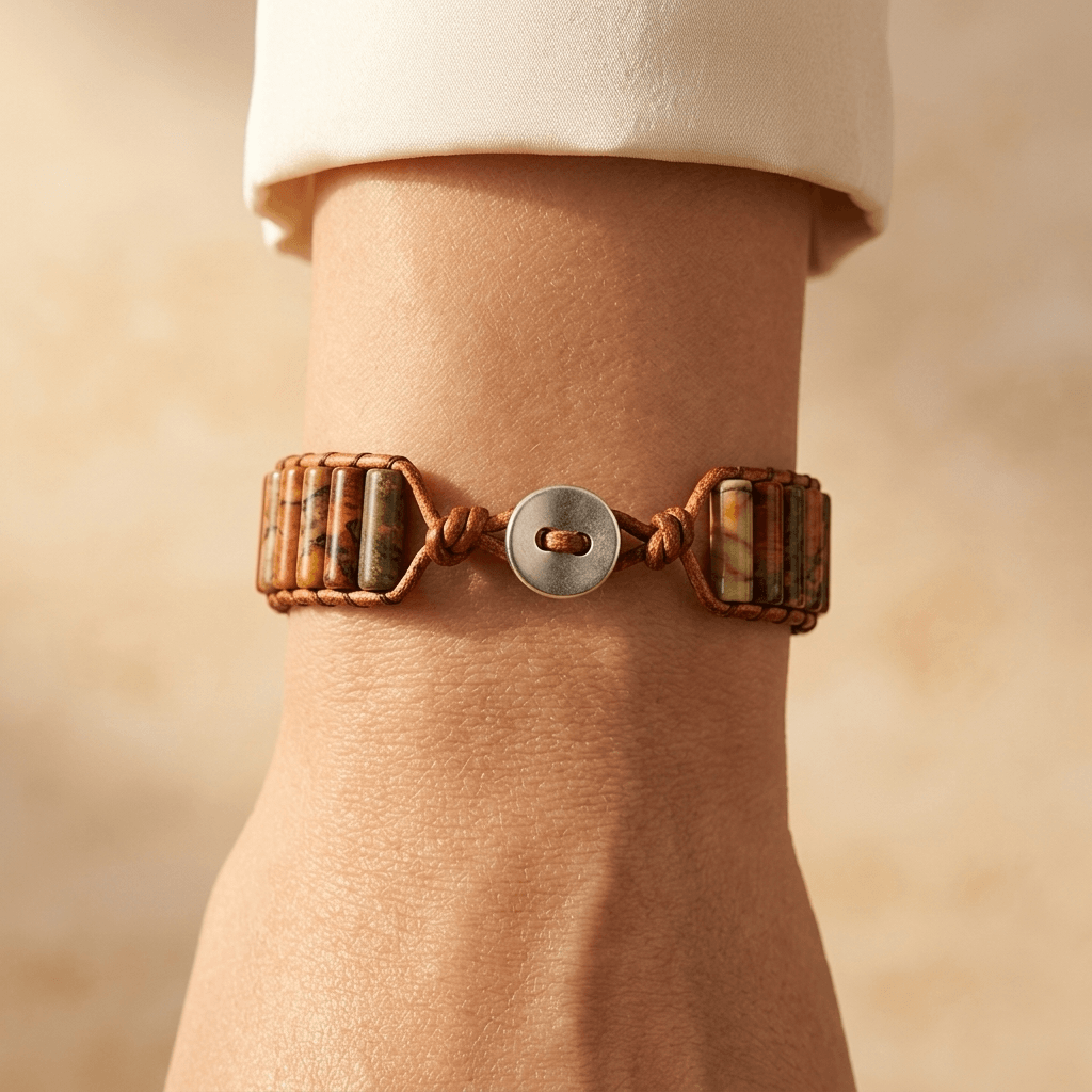 Handmade Jasper Tube Leather Wrap Bracelet