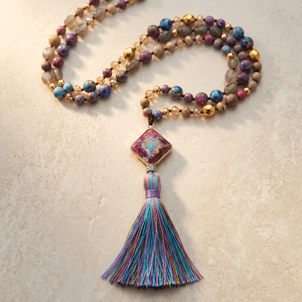 Handmade Purple Jasper Diamond Tassel Necklace