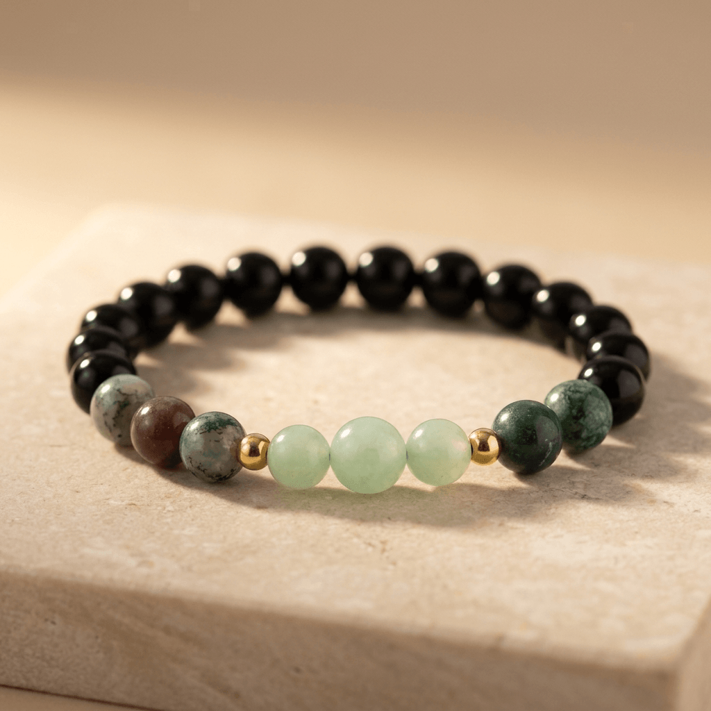 Natural Stone Beaded Bracelet With Gold Accents