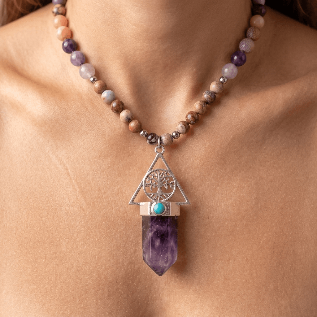 Amethyst Jasper Tree Of Life Bead Necklace