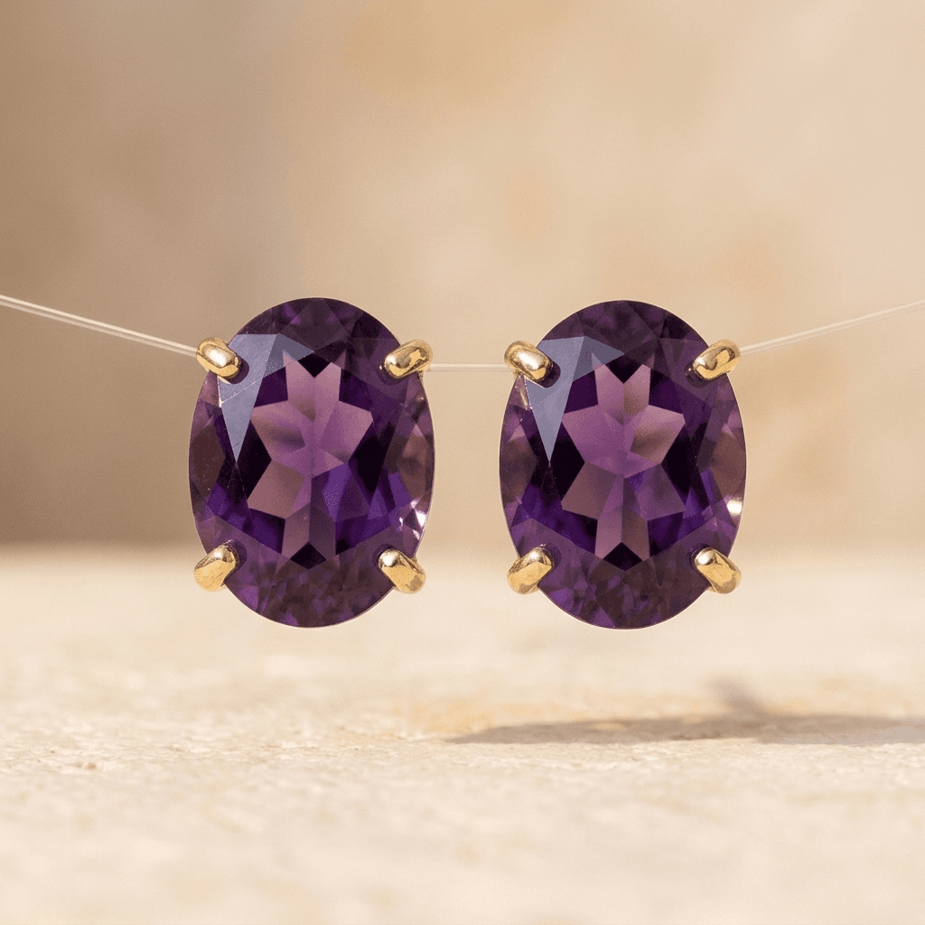 Amethyst Gold Oval Stud Earrings