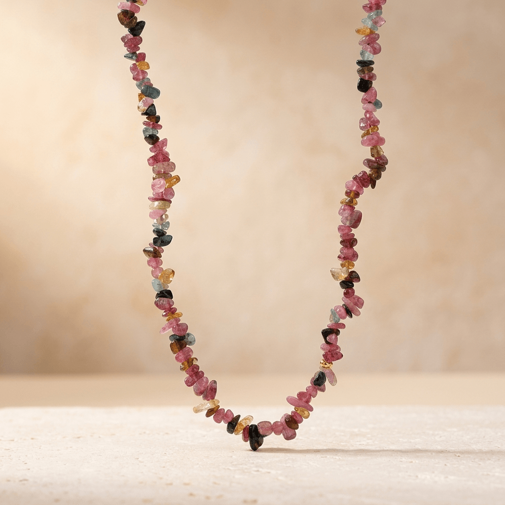 Natural Pink Tourmaline Chip Beaded Necklace