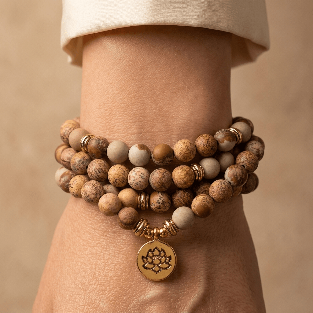 Matte Picture Jasper Mala Bead Bracelet