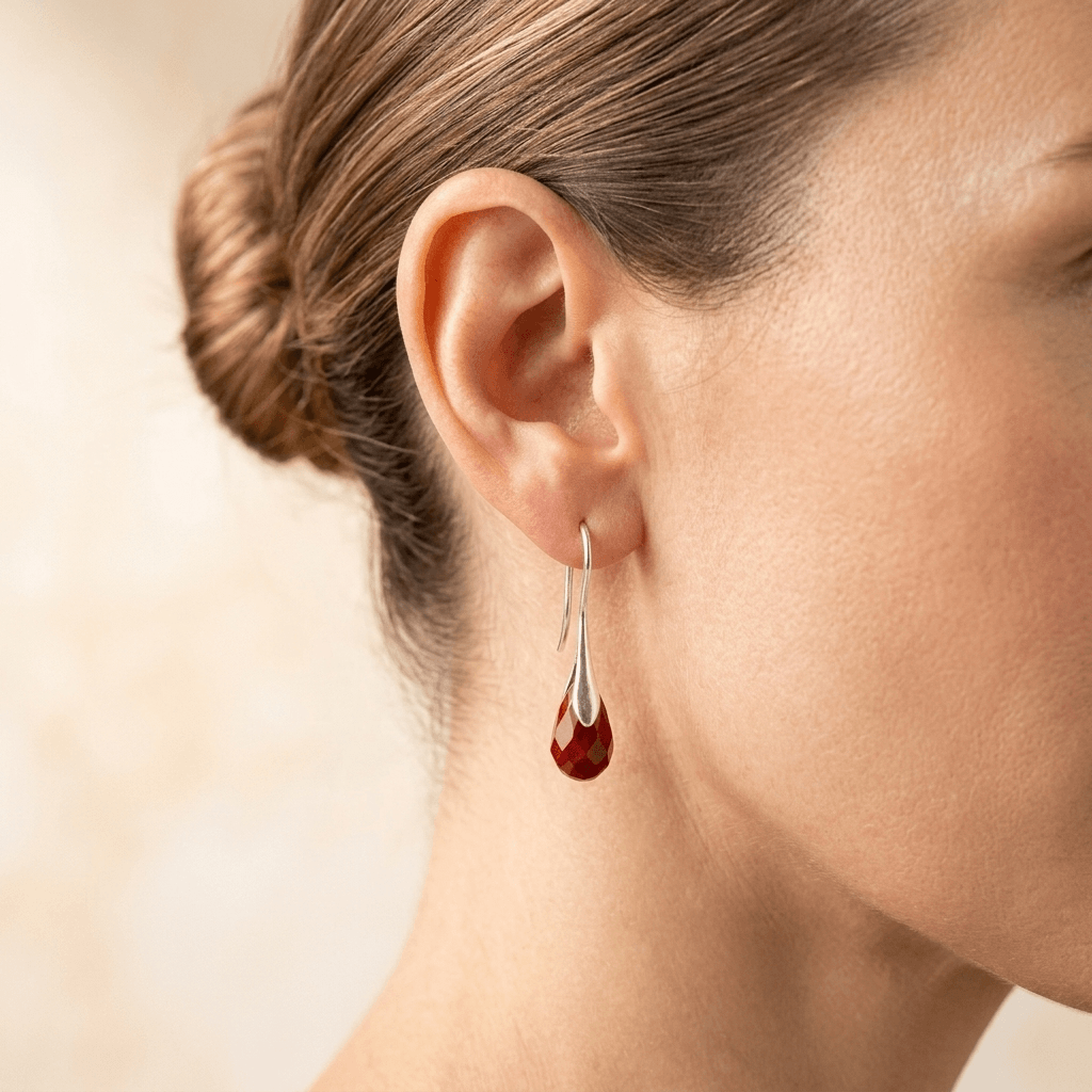 Red Jasper Teardrop Silver Hook Earrings
