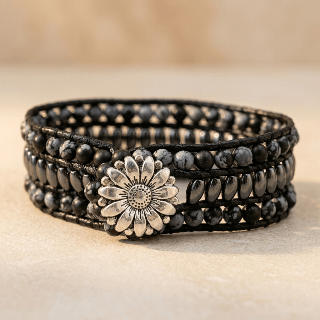 Black Snowflake Obsidian Hematite Beaded Wrap Bracelet