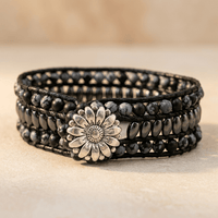 Black Snowflake Obsidian Hematite Beaded Wrap Bracelet