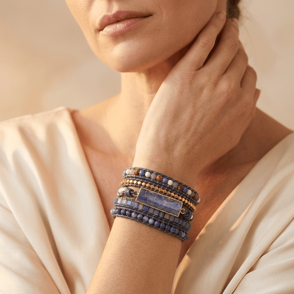 Handmade Sodalite Gold Leather Wrap Bracelet