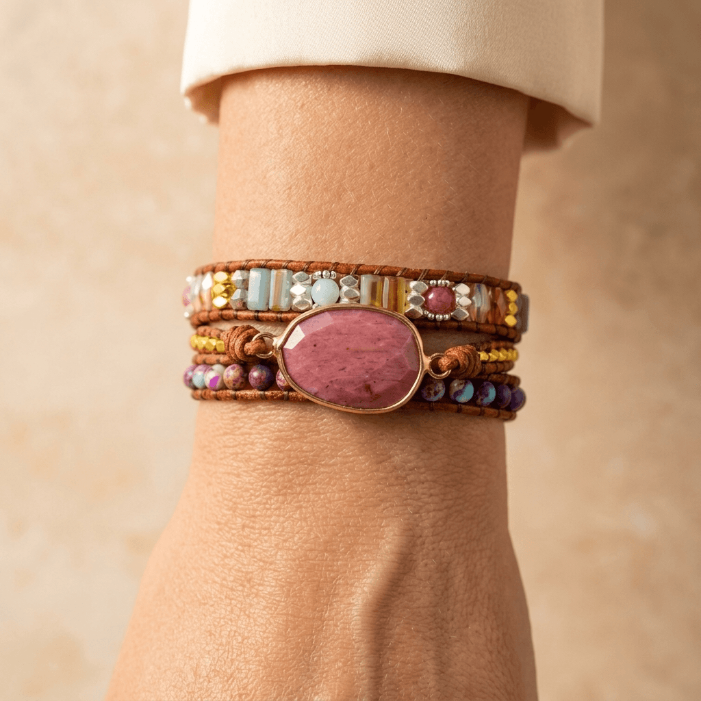 Boho Leather Wrap Bracelet Pink Stone