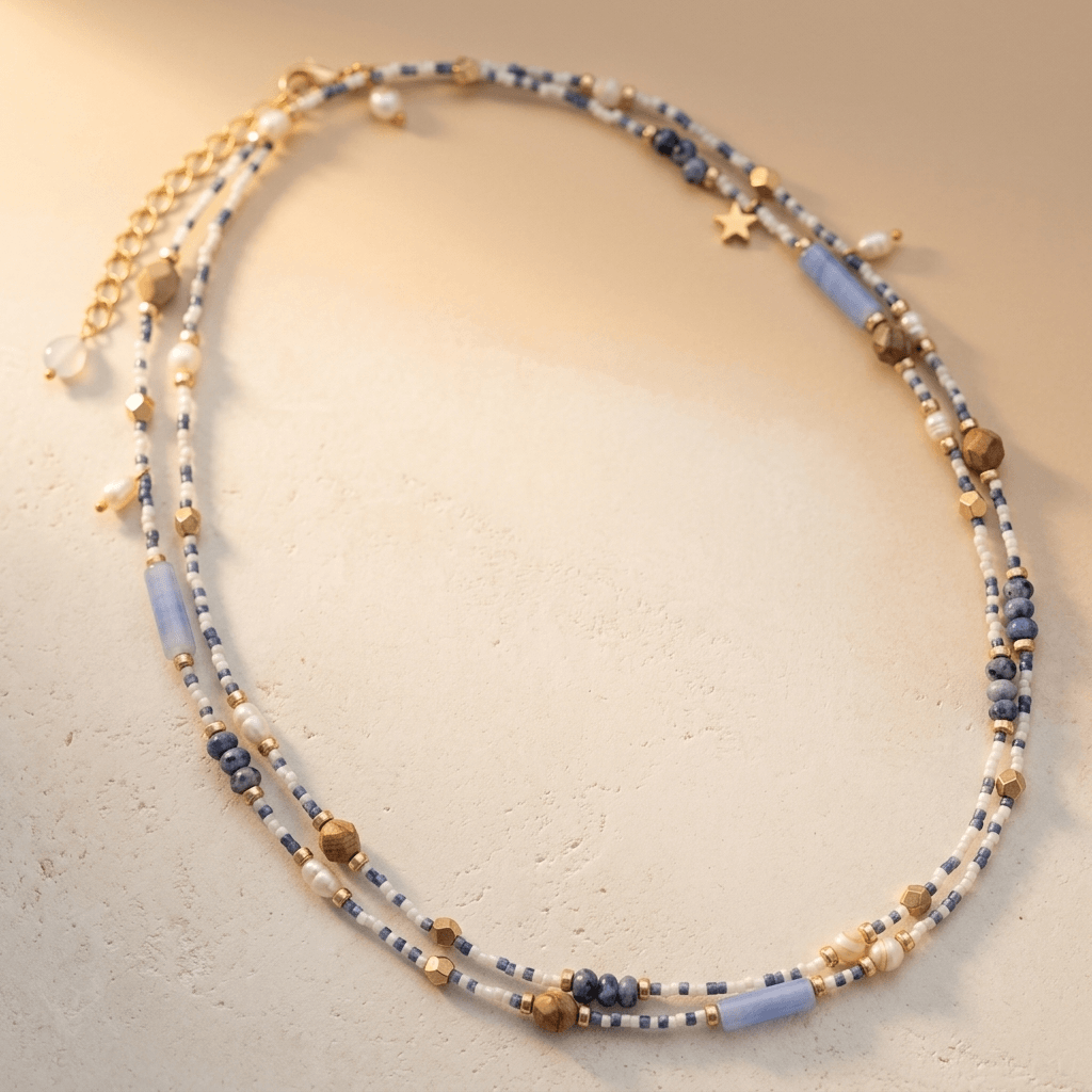 Blue Sodalite Pearl Gold Beaded Necklace